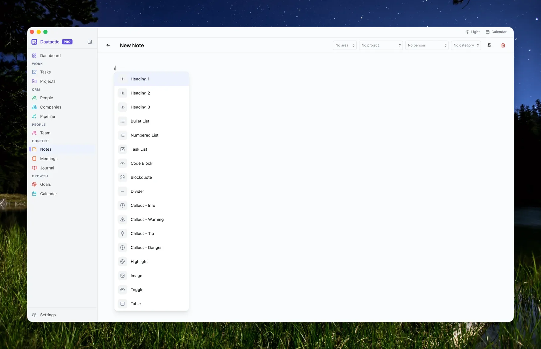 Notes editor — slash block commands