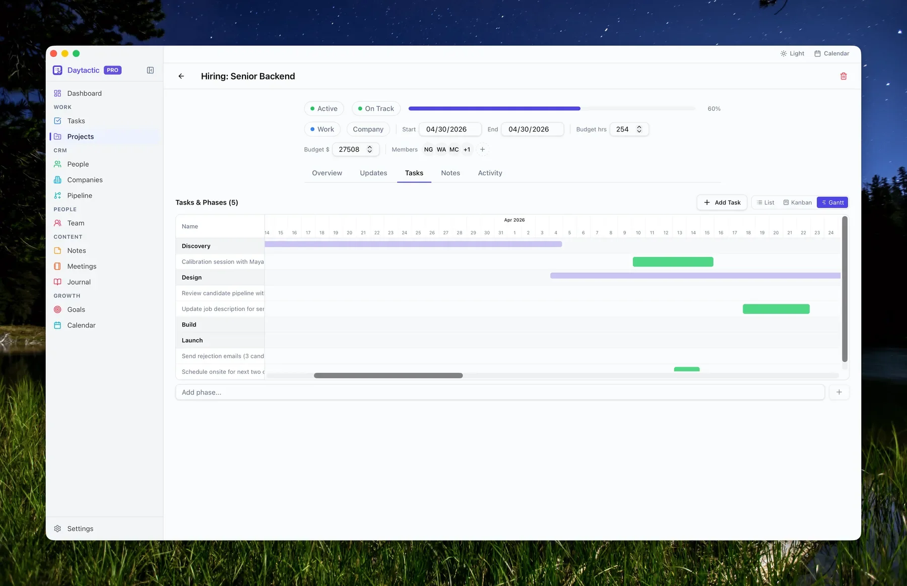 Project tasks — Gantt chart view